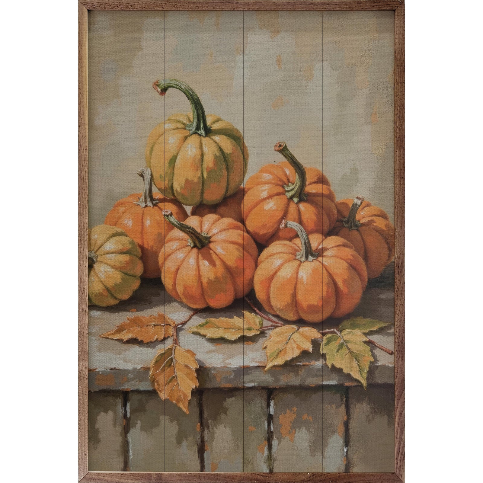 Kendrick Home Walnut Frames 5x8 Small Pumpkin With Beech Branch Printed and Framed Wall Sign