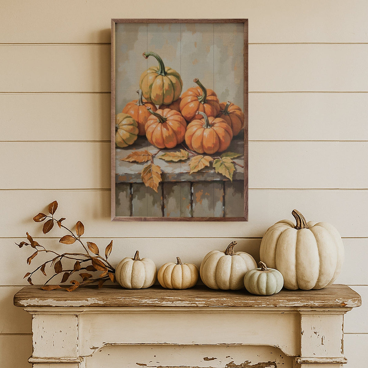 Kendrick Home Walnut Frames Small Pumpkin With Beech Branch Printed and Framed Wall Sign