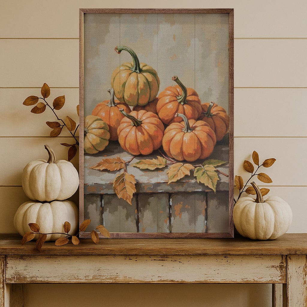 Kendrick Home Walnut Frames 5x8 Small Pumpkin With Beech Branch Printed and Framed Wall Sign