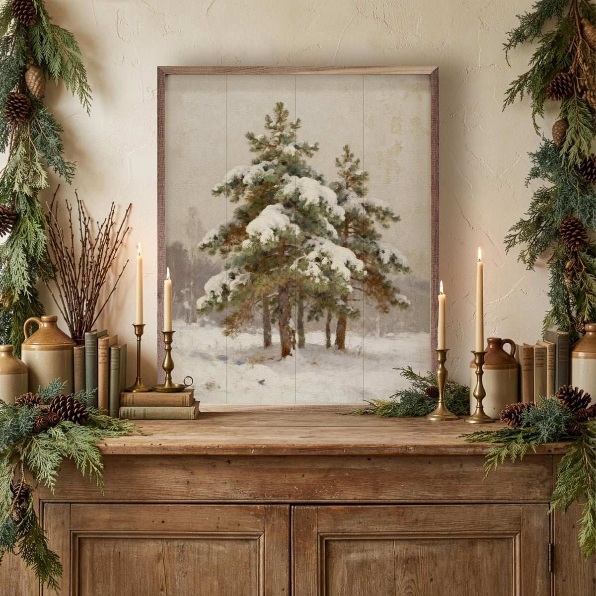 Kendrick Home Walnut Frames Snow Covered Pines Center Printed and Framed Wall Sign