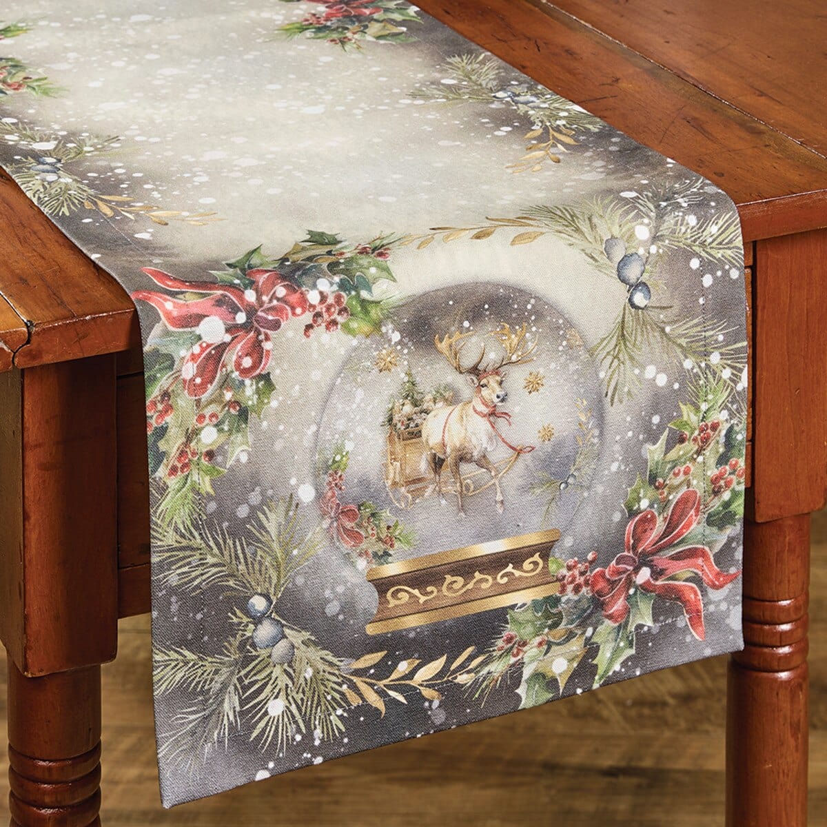 Snow Globe Reindeer Table Runner 54'' Long