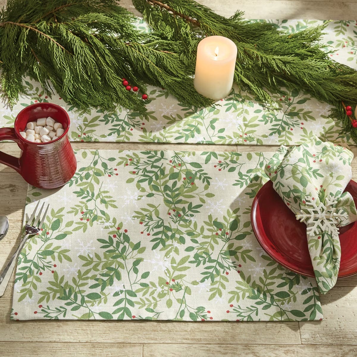 Snowflakes and Berries Printed Table Runner 54'' Long