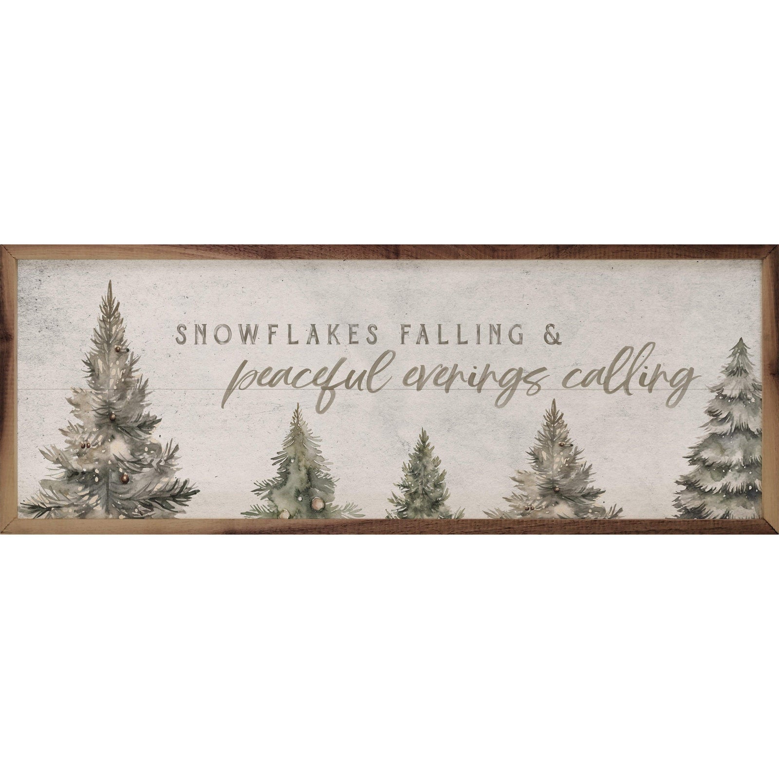 Kendrick Home Walnut Frames 12x4 Snowflakes Falling Pines White Printed and Framed Wall Sign