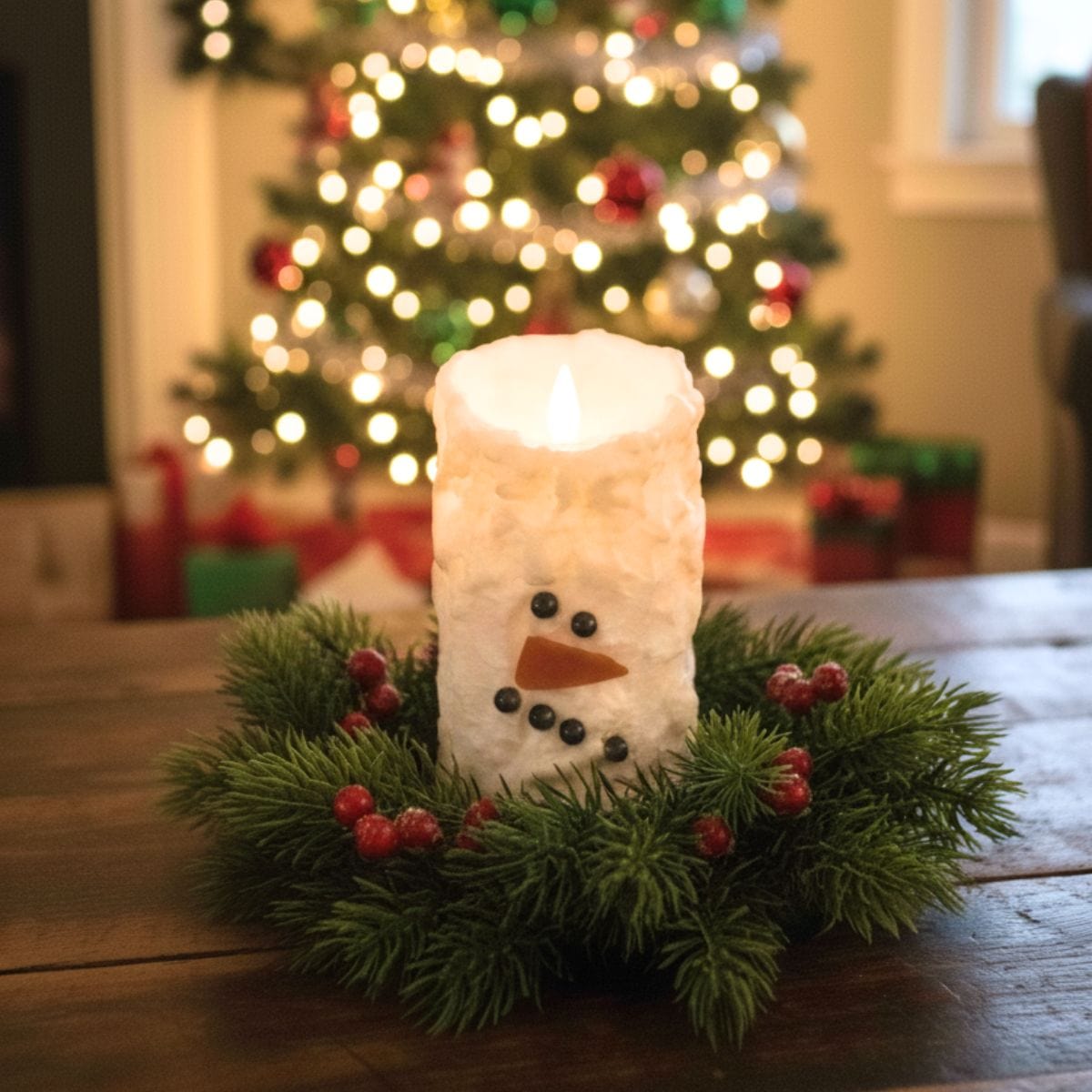 Snowman Bumpy White Moving Flame LED Battery Powered Pillar Candle With Timer 6" High