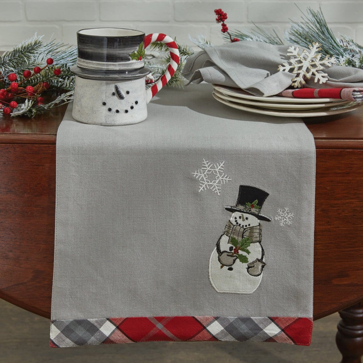 Snowman & Holly Appliqued & Embroidered Table Runner 36" Long-Park Designs-The Village Merchant