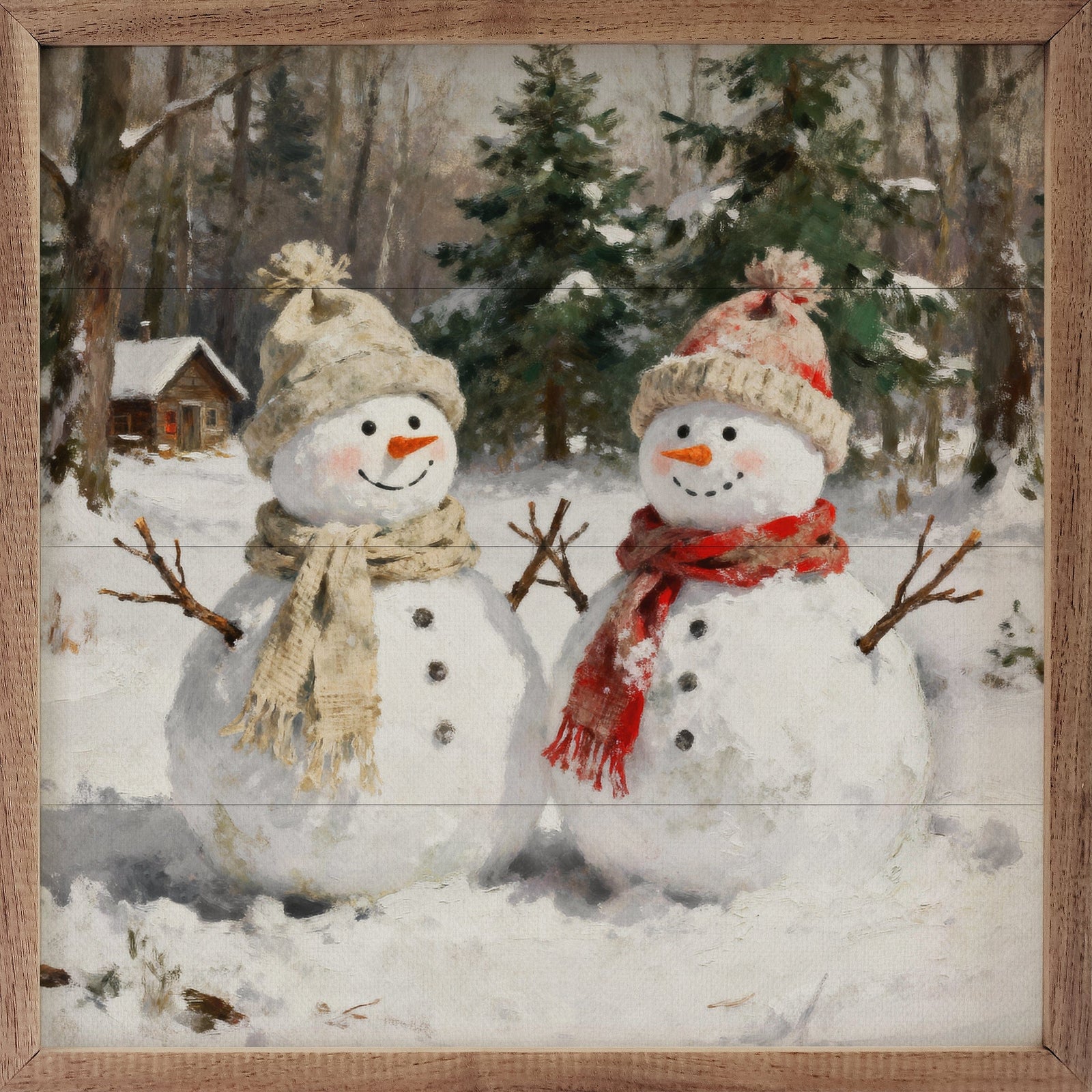 Kendrick Home Walnut Frames 4x4 Snowman Pair Printed and Framed Wall Sign