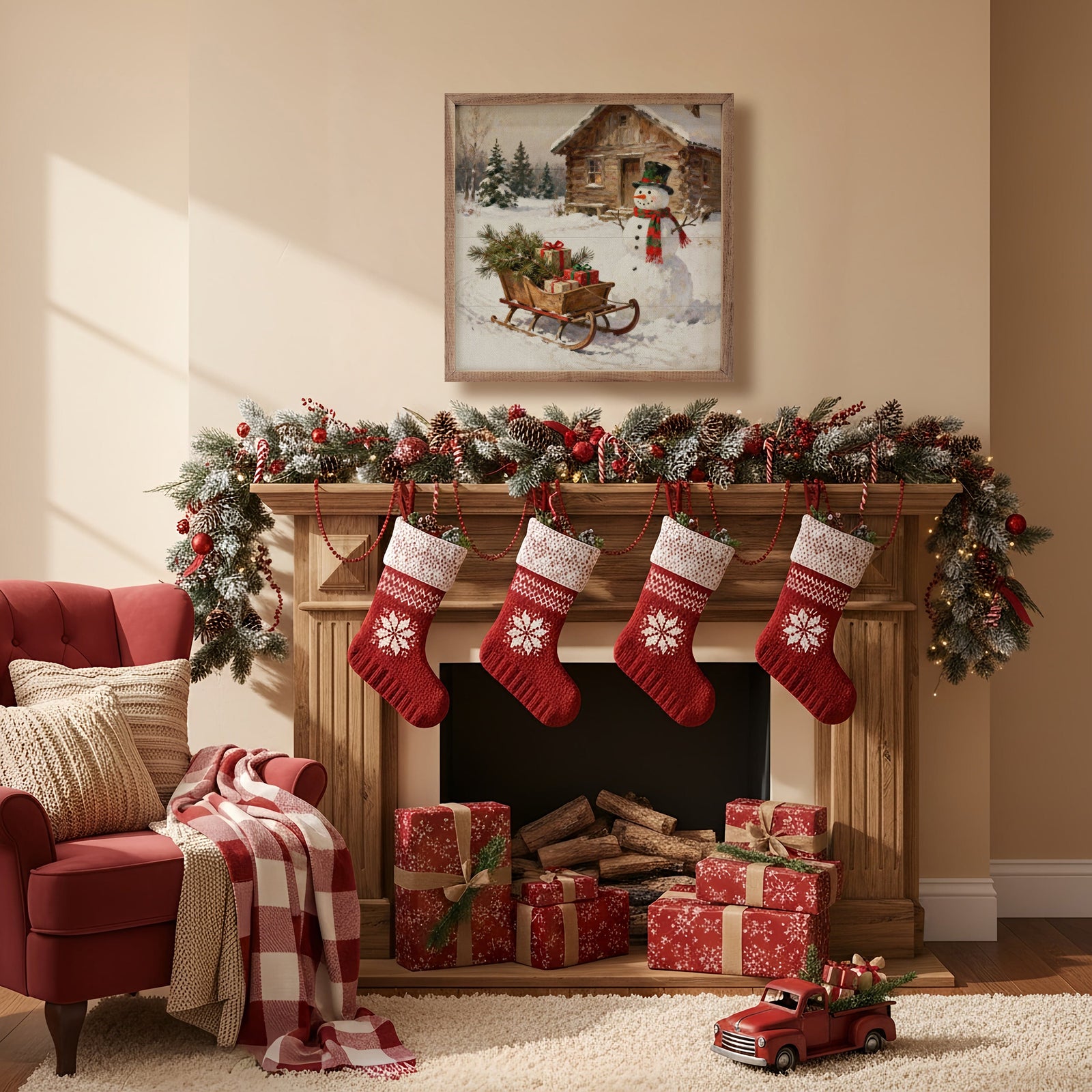 Kendrick Home Walnut Frames 4x4 Snowman With Sleigh Printed and Framed Wall Sign
