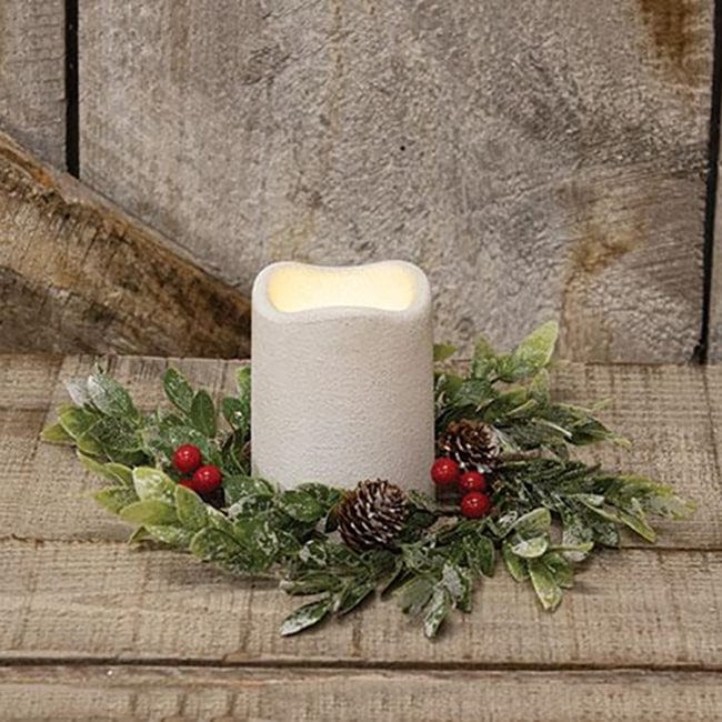 Snowy Boxwood &amp; Berry Candle Ring / Wreath 4.5&quot; Inner Diameter