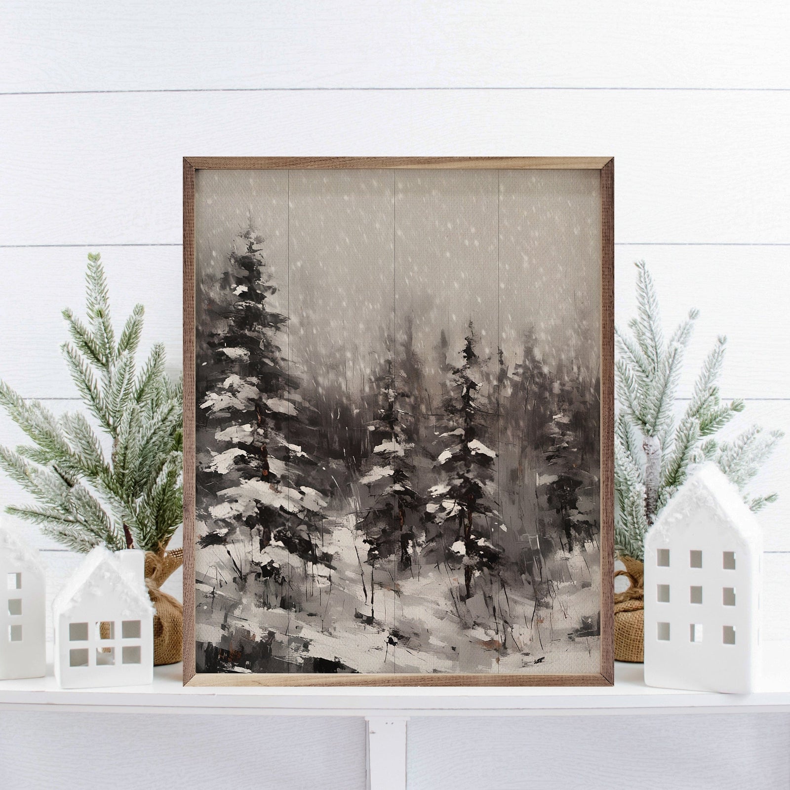 Kendrick Home Walnut Frames 8x10 Snowy Pines BW Printed and Framed Wall Sign
