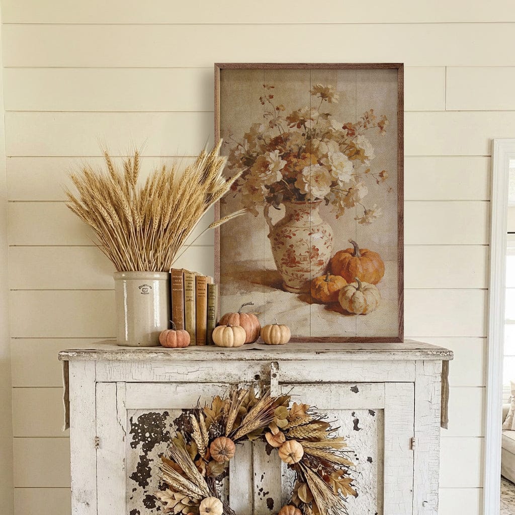 Kendrick Home Walnut Frames Soft Autumn Floral And Pumpkin Still Life Printed and Framed Wall Sign