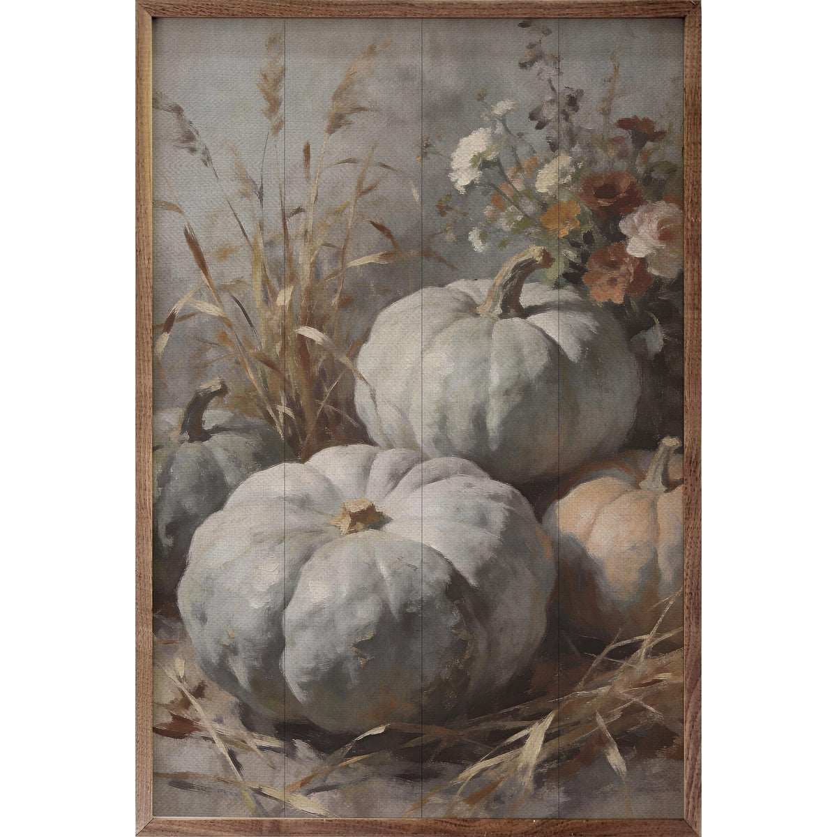 Kendrick Home Walnut Frames 5x8 Soft Gray Heirloom Pumpkins Printed and Framed Wall Sign