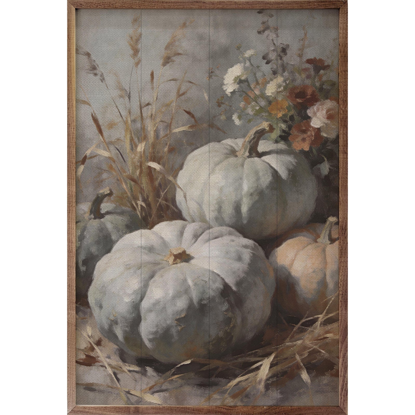 Kendrick Home Walnut Frames 5x8 Soft Gray Heirloom Pumpkins Printed and Framed Wall Sign