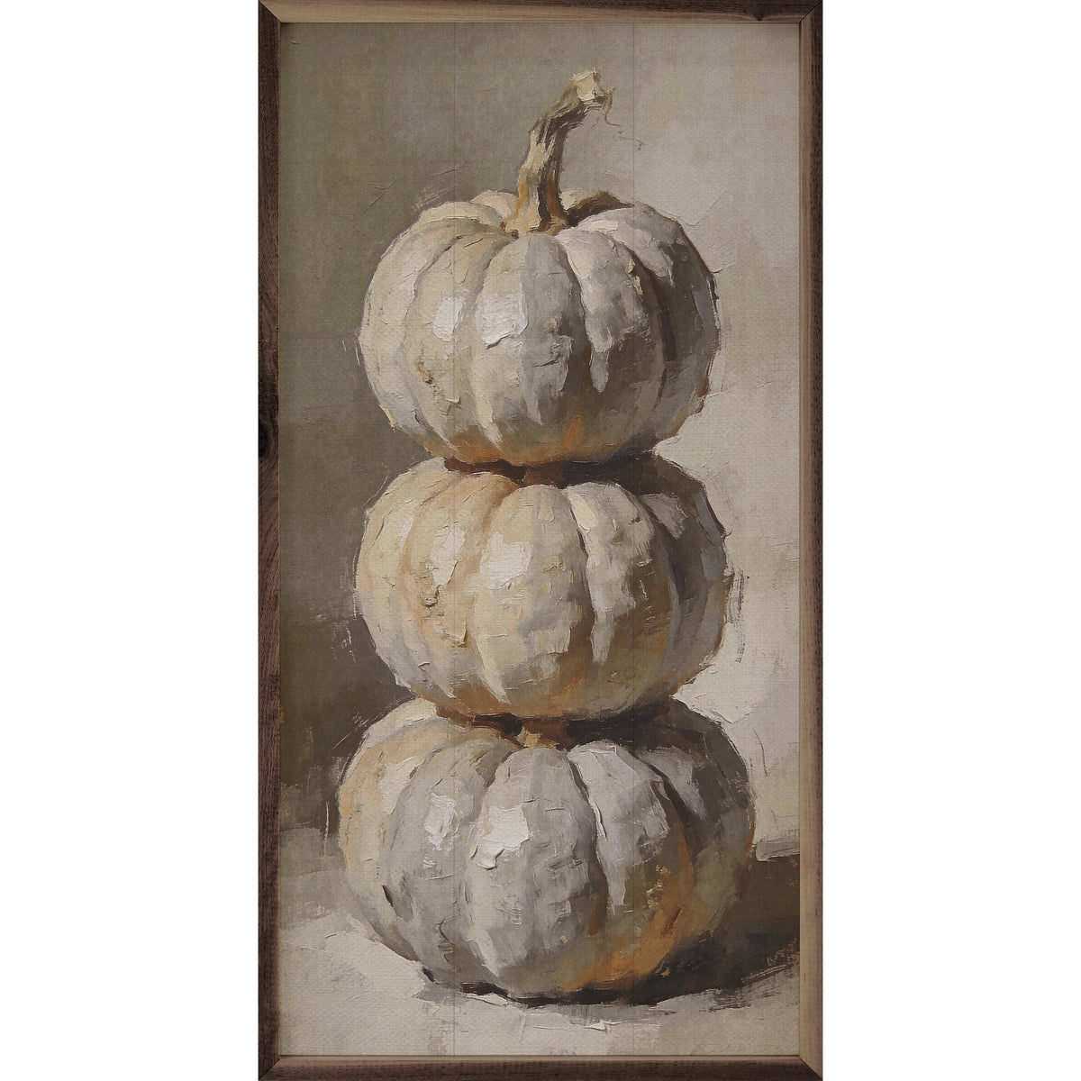 Kendrick Home Walnut Frames 8x16 Soft Gray Pumpkin Stack Printed and Framed Wall Sign