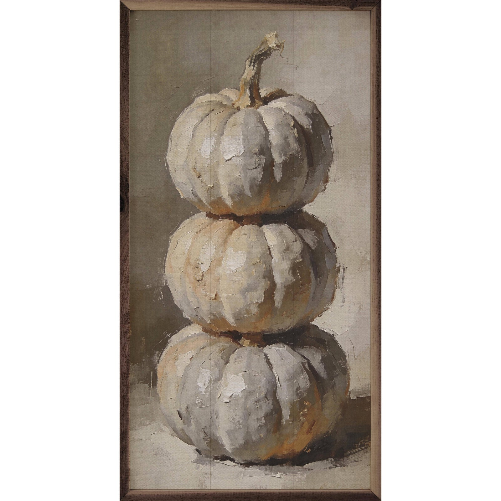 Kendrick Home Walnut Frames 8x16 Soft Gray Pumpkin Stack Printed and Framed Wall Sign