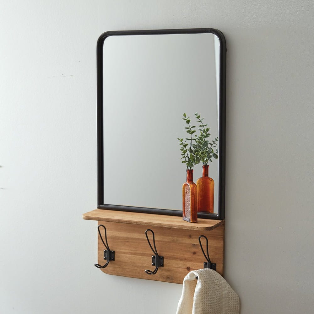 Soho Industrial Wall Mirror Metal &amp; Wood With 3 Hooks-CTW Home-The Village Merchant