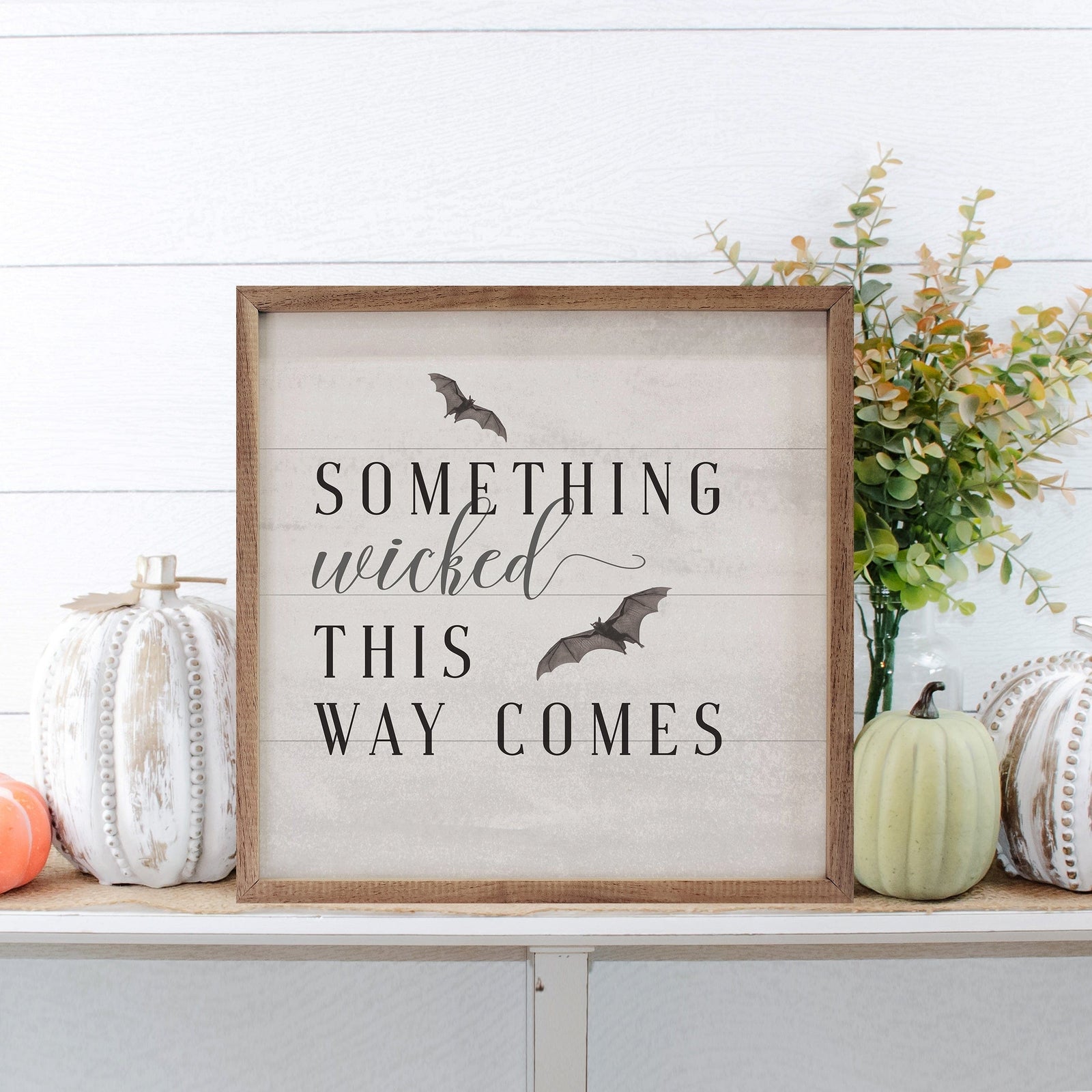 Kendrick Home Walnut Frames 4x4 Something Wicked Bats White Printed and Framed Wall Sign