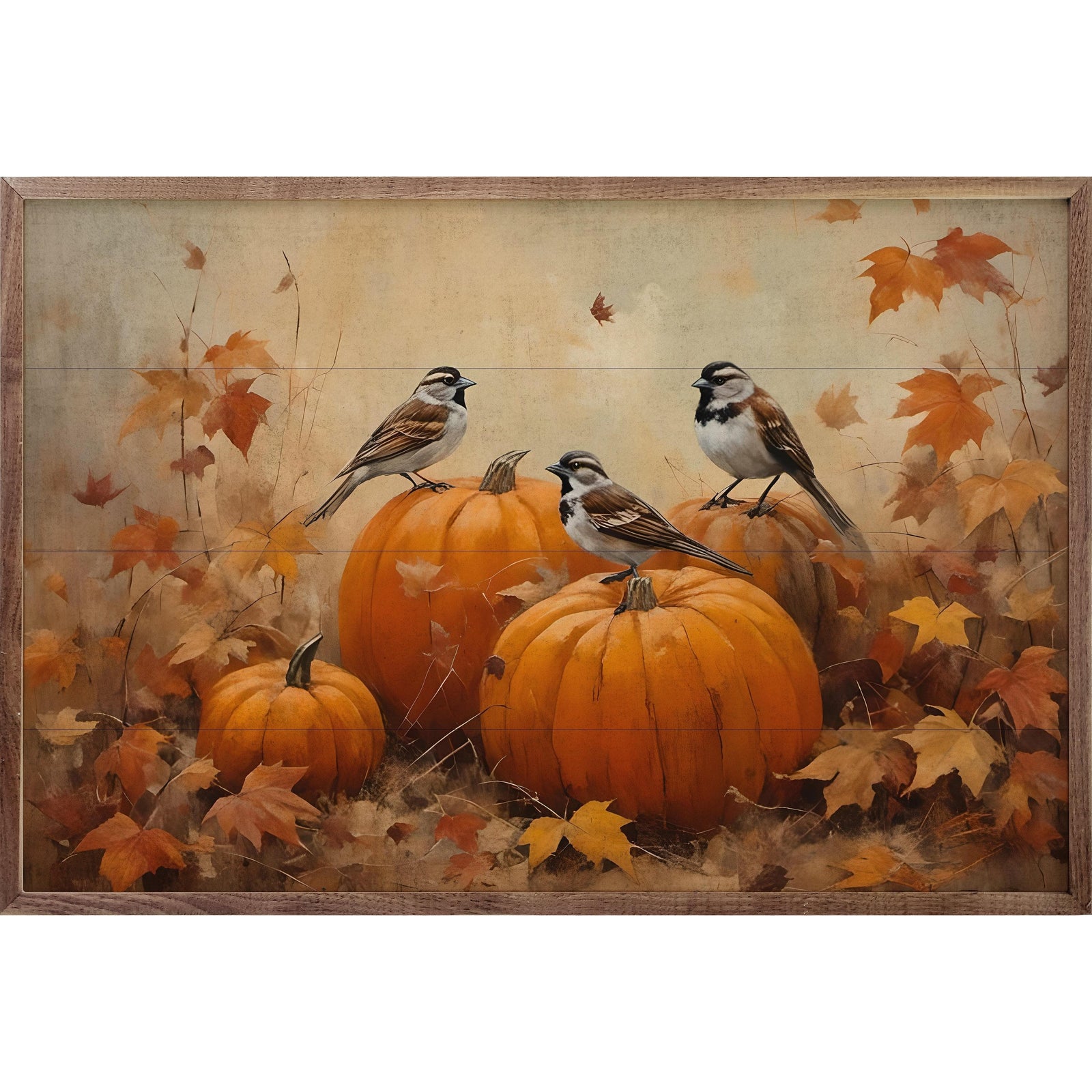 Kendrick Home Walnut Frames Sparrows On Pumpkins Printed and Framed Wall Sign
