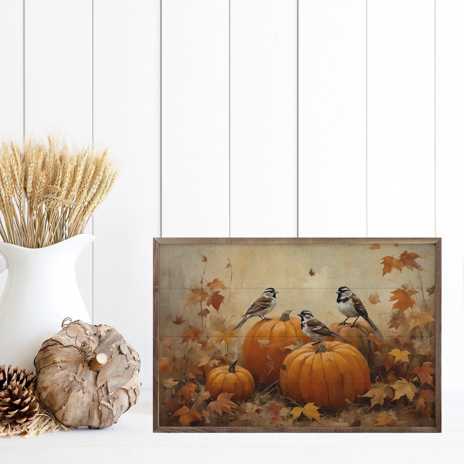 Kendrick Home Walnut Frames Sparrows On Pumpkins Printed and Framed Wall Sign