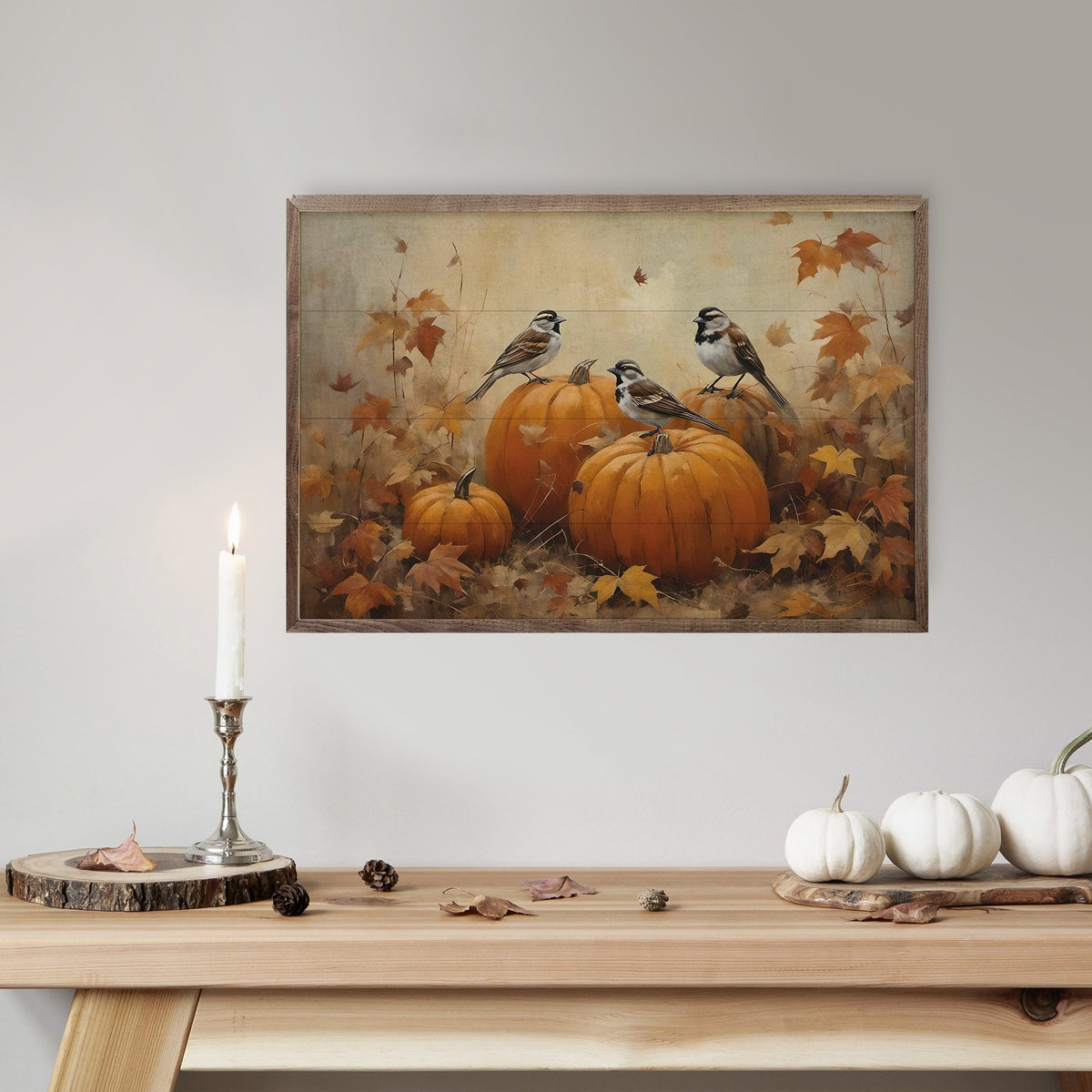 Kendrick Home Walnut Frames Sparrows On Pumpkins Printed and Framed Wall Sign