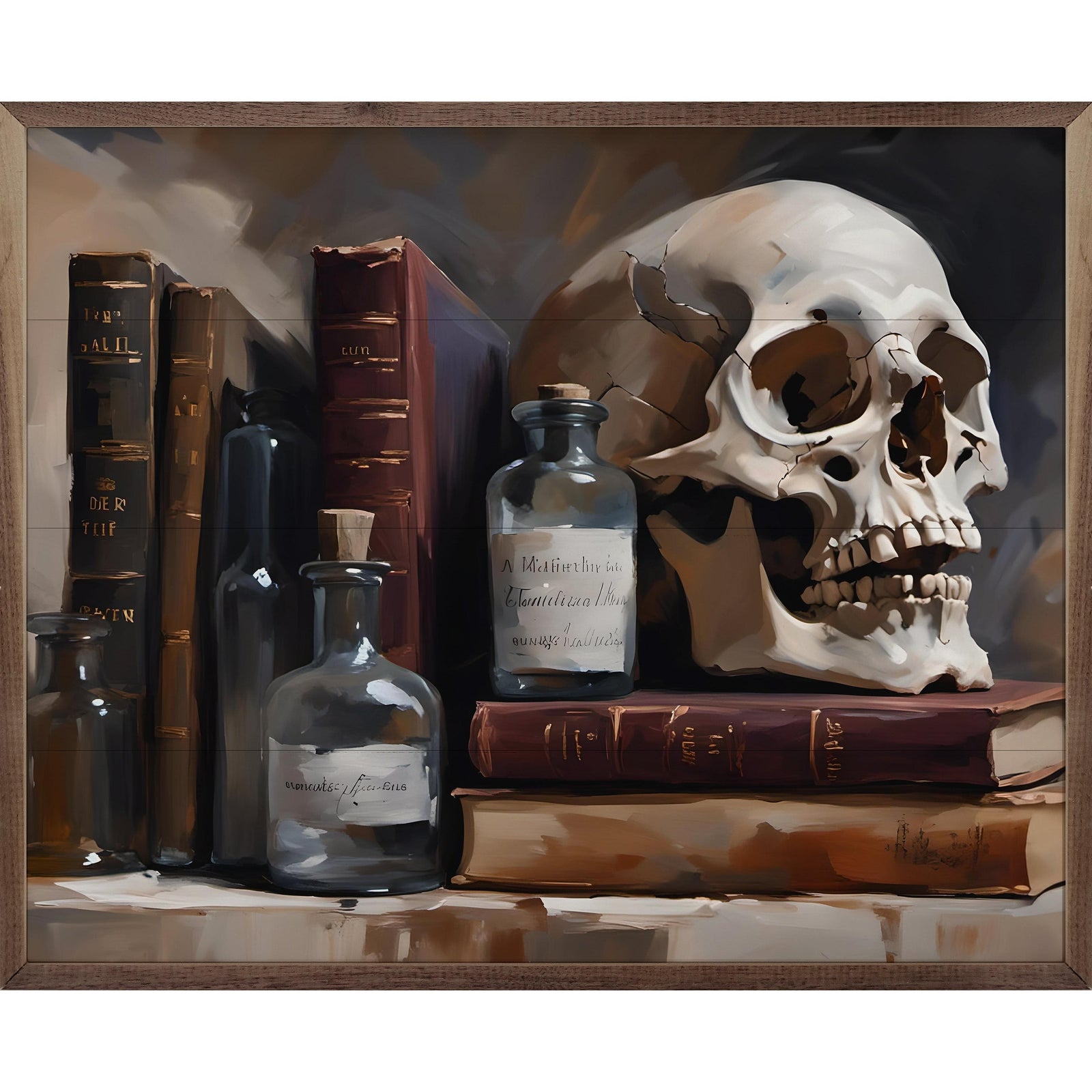 Kendrick Home Walnut Frames 10x8 Spell Books With Large Skull Printed and Framed Wall Sign
