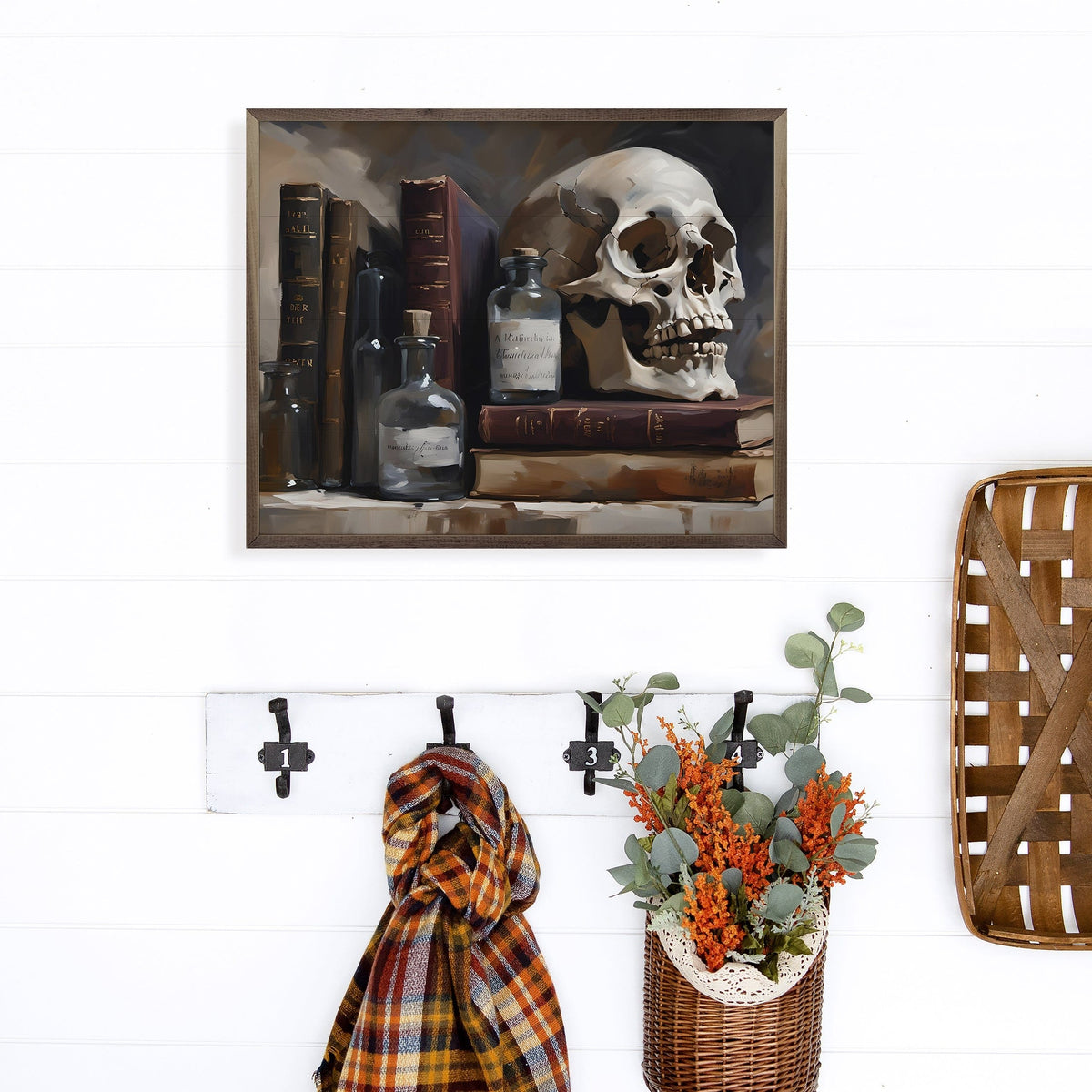 Kendrick Home Walnut Frames Spell Books With Large Skull Printed and Framed Wall Sign