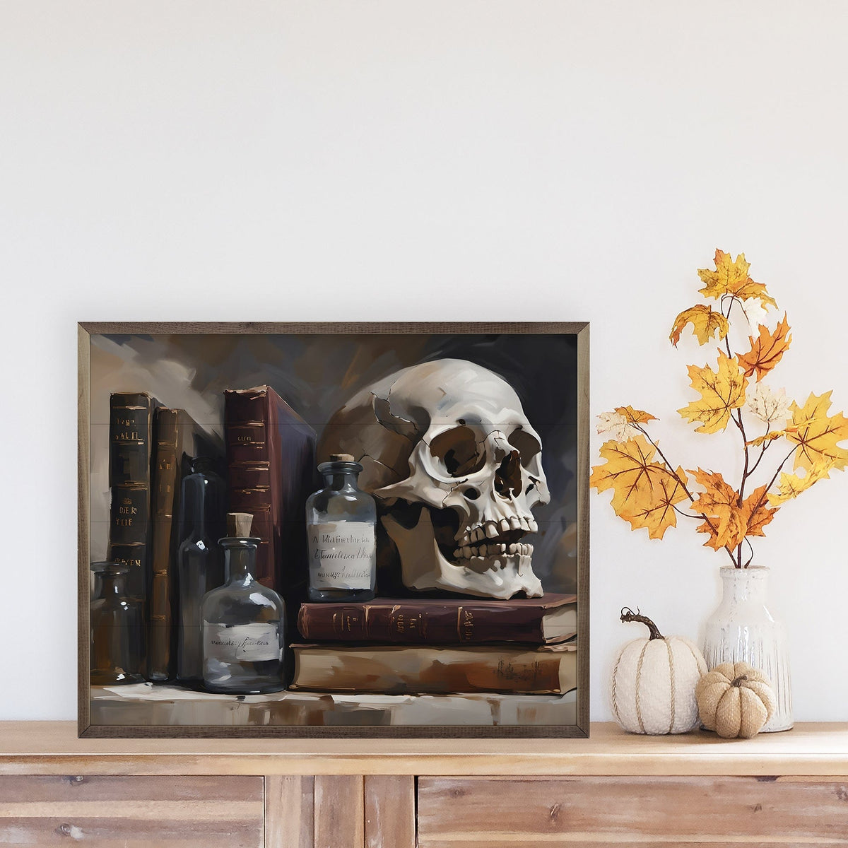 Kendrick Home Walnut Frames Spell Books With Large Skull Printed and Framed Wall Sign