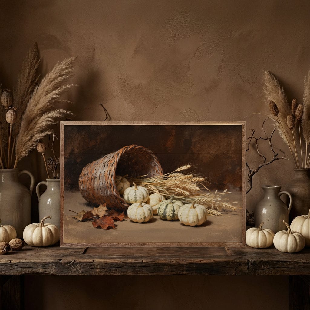 Kendrick Home Walnut Frames Spilled Pumpkin Basket Printed and Framed Wall Sign