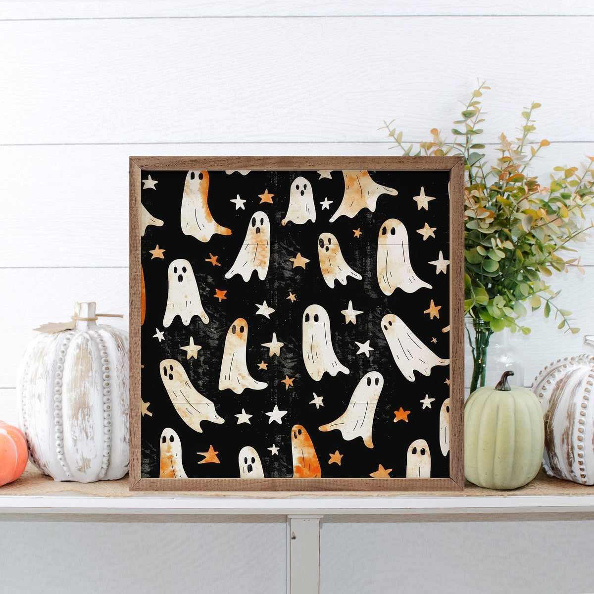 Kendrick Home Walnut Frames Spooky Print II Ghosts By Petals Prints Design Printed and Framed Wall Sign