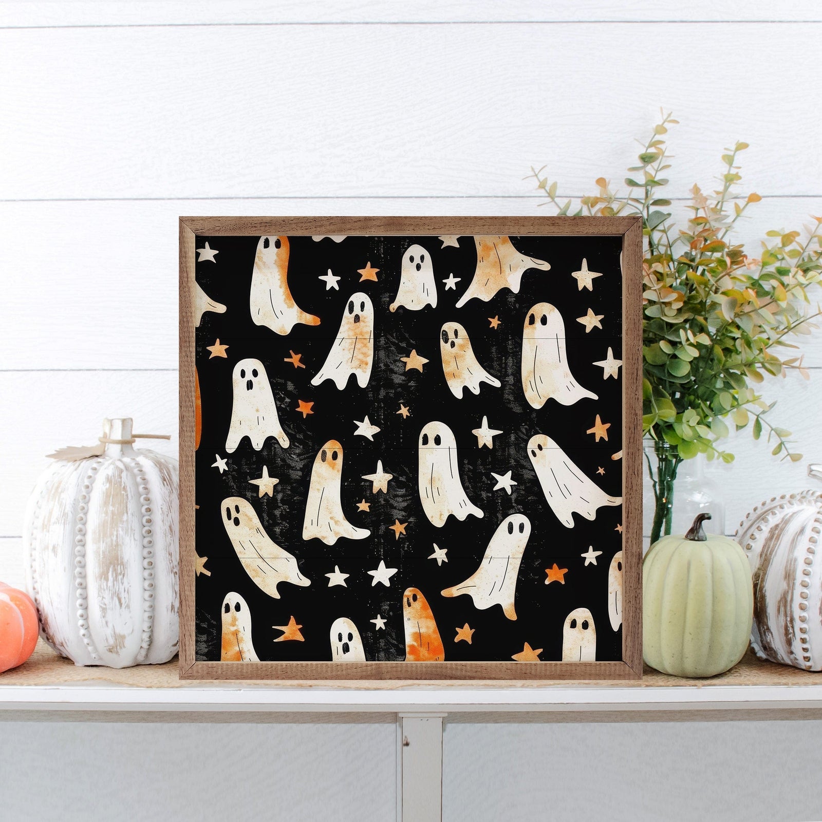 Kendrick Home Walnut Frames 4x4 Spooky Print II Ghosts By Petals Prints Design Printed and Framed Wall Sign