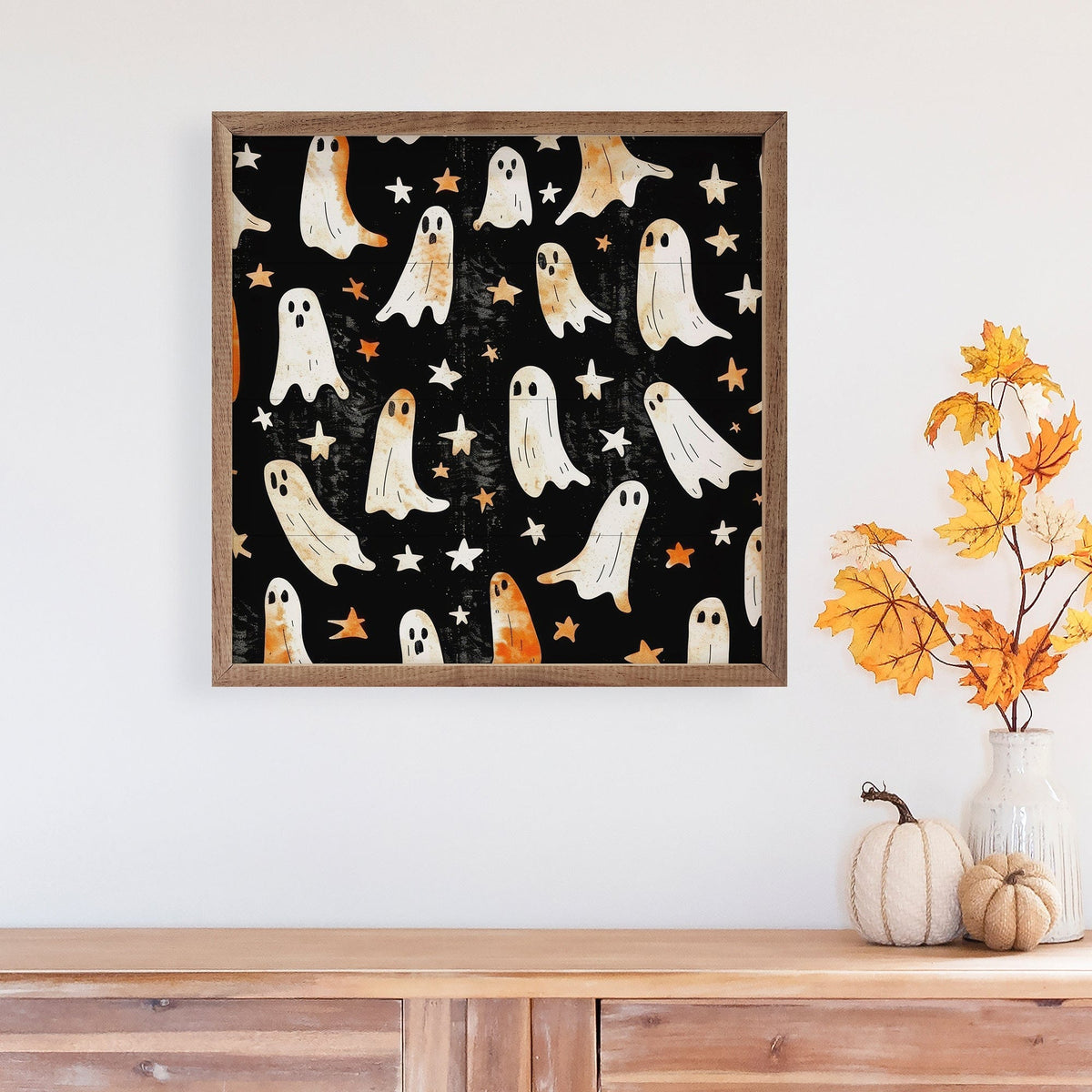 Kendrick Home Walnut Frames Spooky Print II Ghosts By Petals Prints Design Printed and Framed Wall Sign