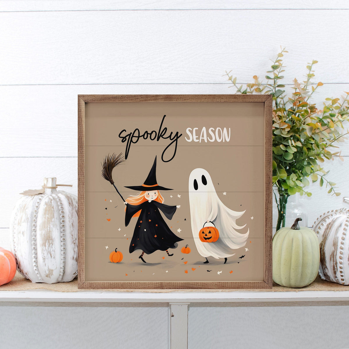 Kendrick Home Walnut Frames Spooky Season Witch And Ghost Brown Printed and Framed Wall Sign