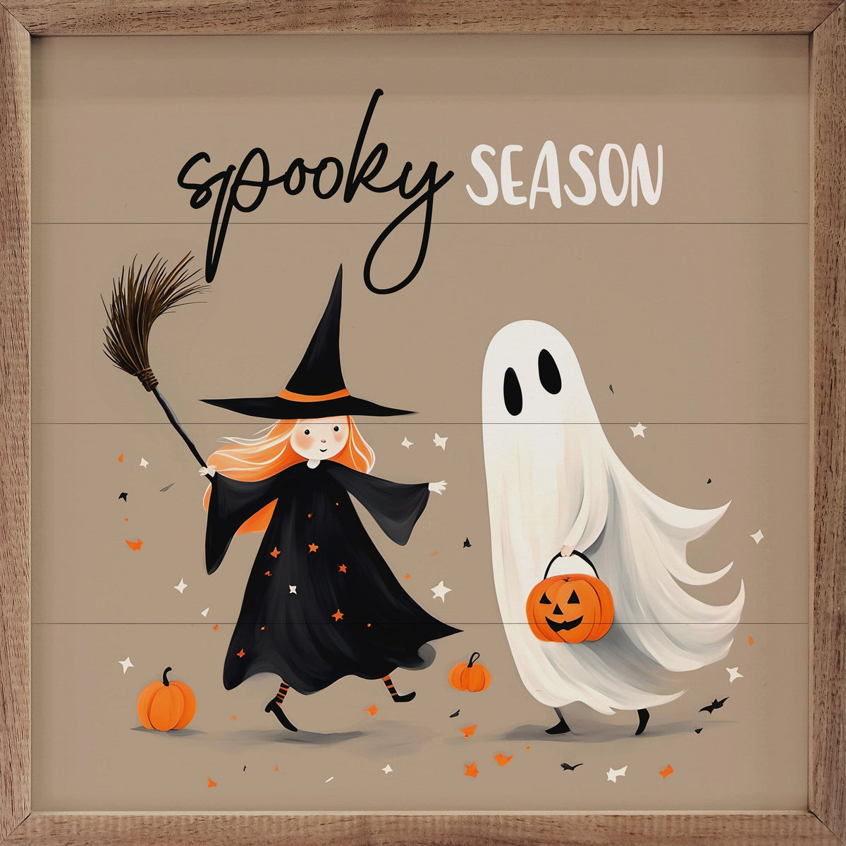 Kendrick Home Walnut Frames 4x4 Spooky Season Witch And Ghost Brown Printed and Framed Wall Sign