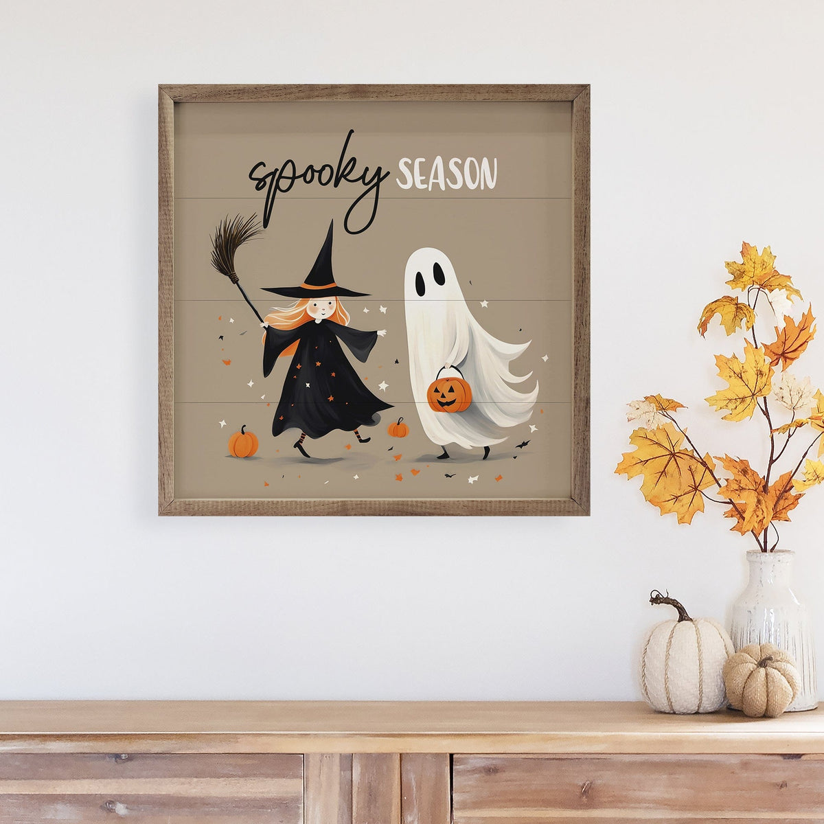 Kendrick Home Walnut Frames Spooky Season Witch And Ghost Brown Printed and Framed Wall Sign