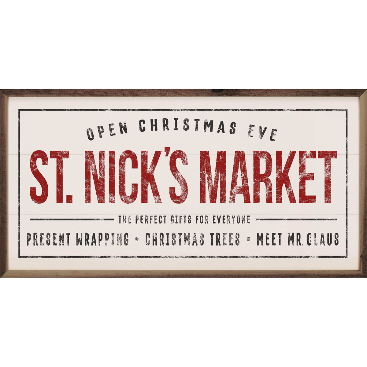 Kendrick Home Walnut Frames 16x8 St. Nick's Market White Printed and Framed Wall Sign