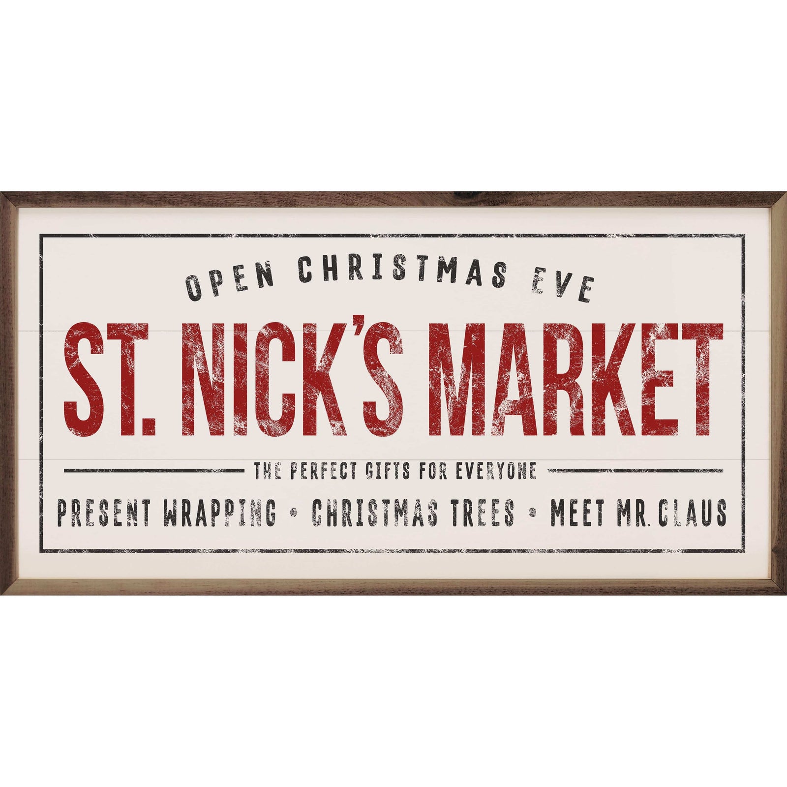 Kendrick Home Walnut Frames 16x8 St. Nick's Market White Printed and Framed Wall Sign