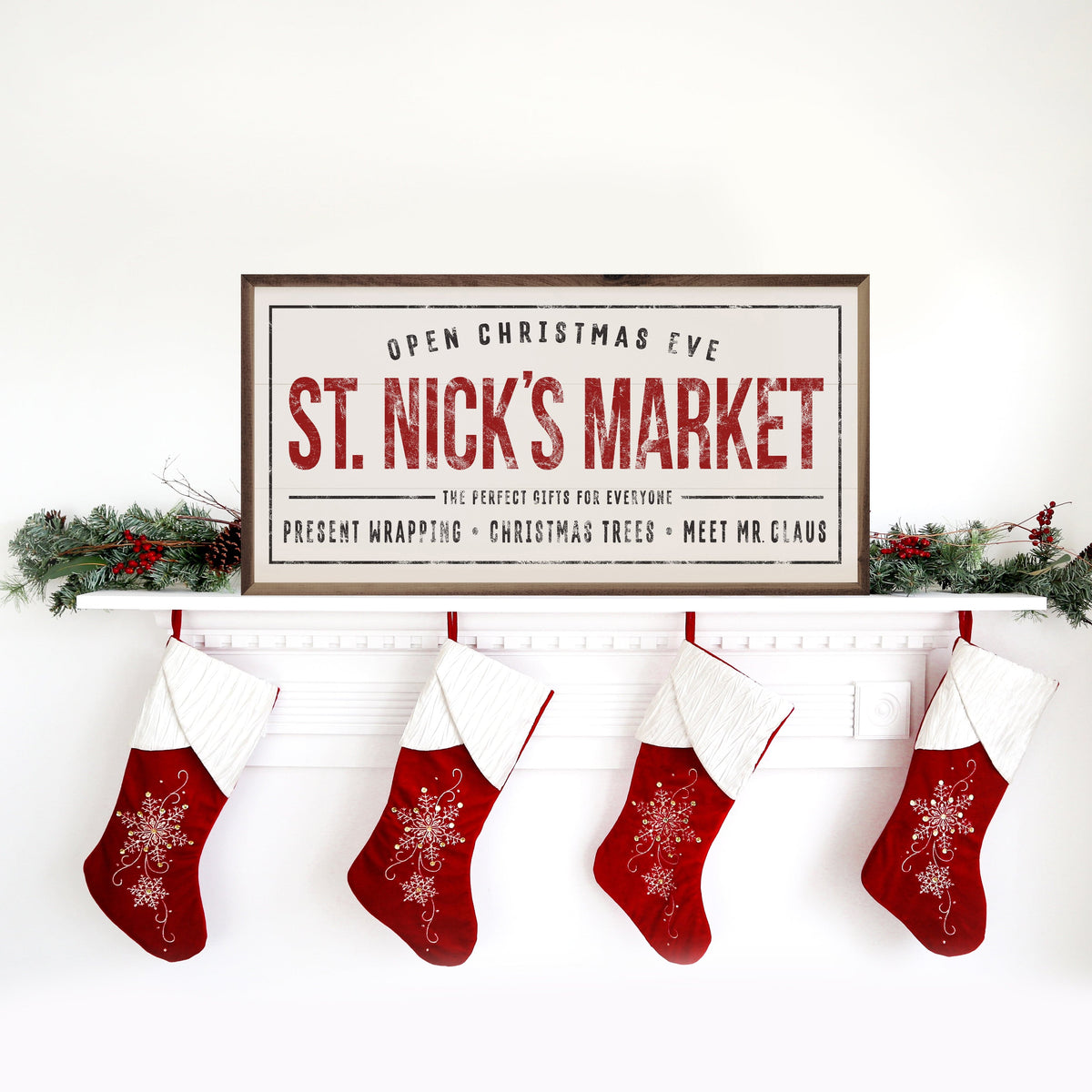 Kendrick Home Walnut Frames St. Nick's Market White Printed and Framed Wall Sign
