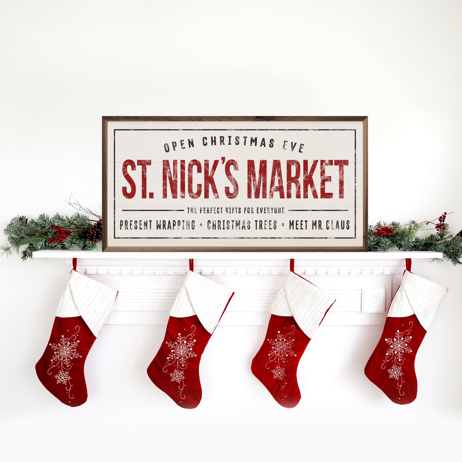 Kendrick Home Walnut Frames 16x8 St. Nick's Market White Printed and Framed Wall Sign