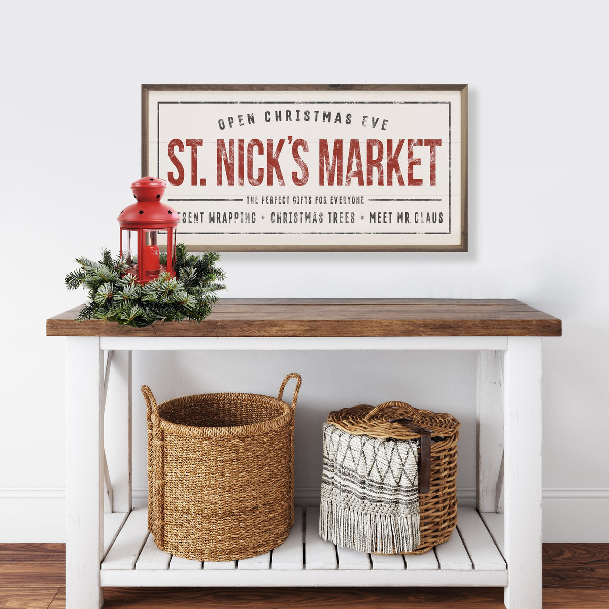 Kendrick Home Walnut Frames St. Nick's Market White Printed and Framed Wall Sign