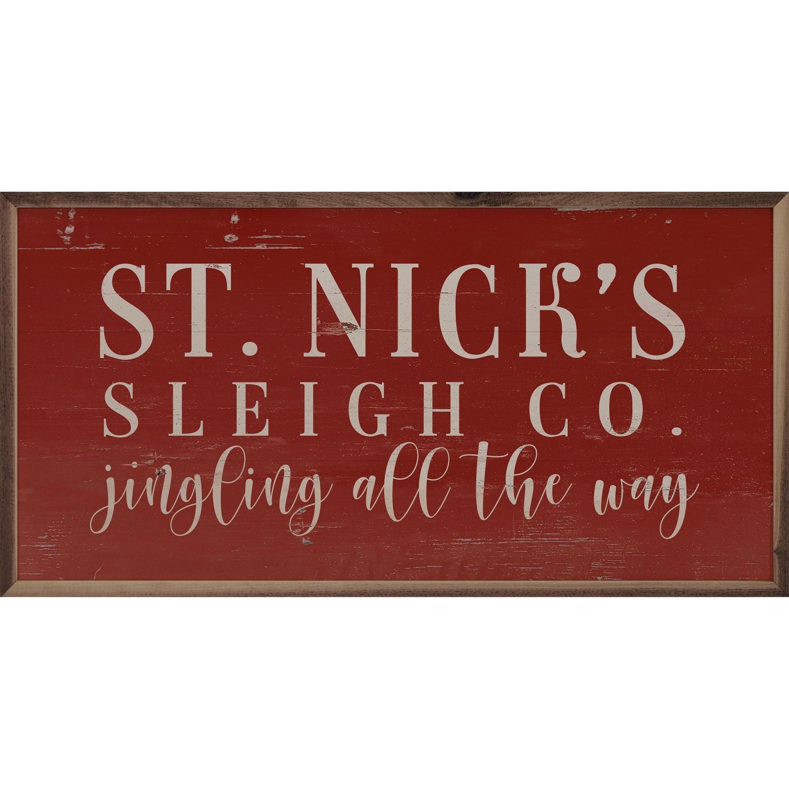 Kendrick Home Walnut Frames 16x8 St. Nick's Sleigh Co. Red Printed and Framed Wall Sign