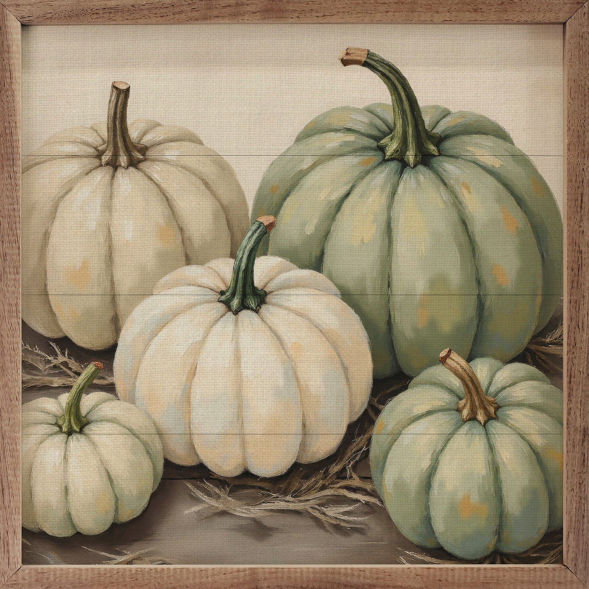 Kendrick Home Walnut Frames 4x4 Stacked Pumpkins With Wheat Printed and Framed Wall Sign