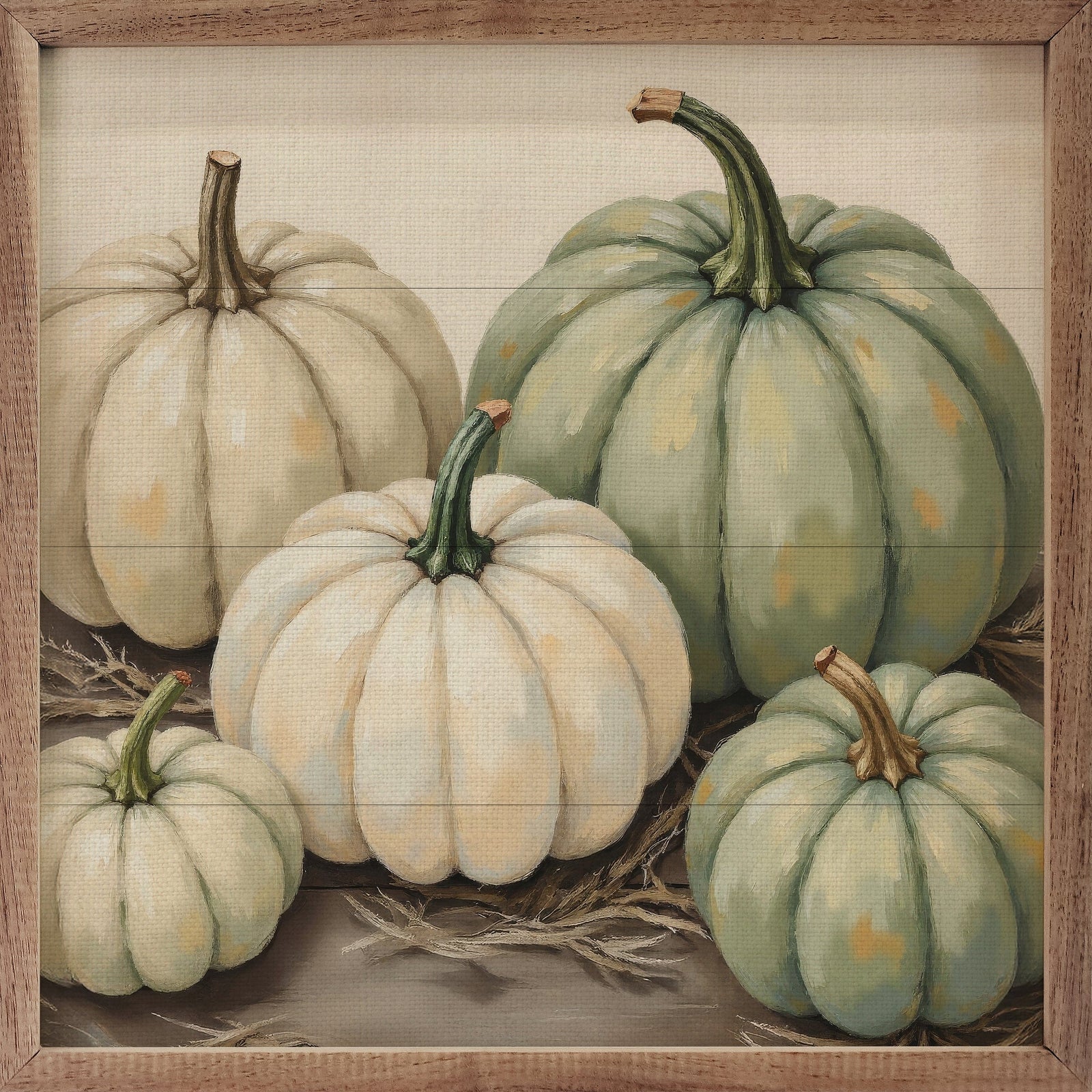Kendrick Home Walnut Frames 4x4 Stacked Pumpkins With Wheat Printed and Framed Wall Sign