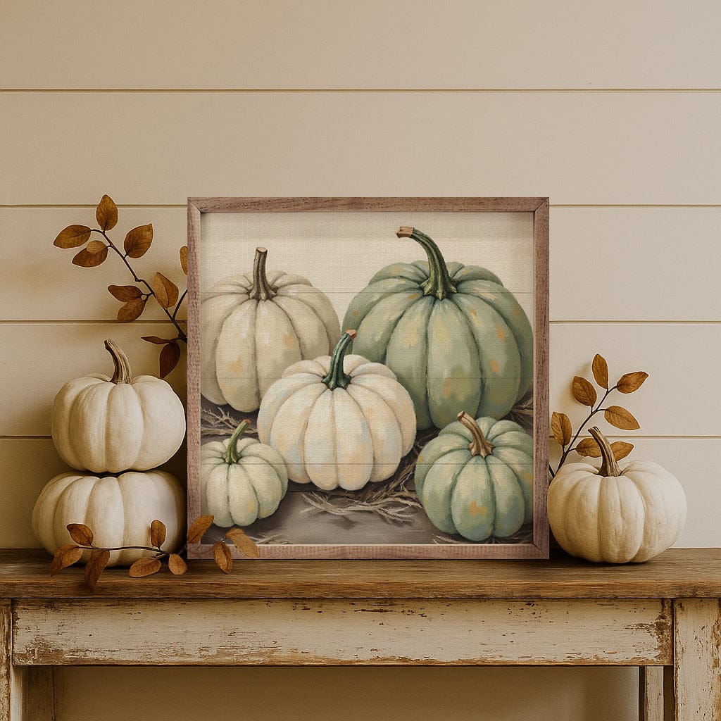 Kendrick Home Walnut Frames 4x4 Stacked Pumpkins With Wheat Printed and Framed Wall Sign