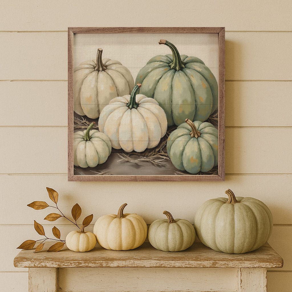 Kendrick Home Walnut Frames Stacked Pumpkins With Wheat Printed and Framed Wall Sign