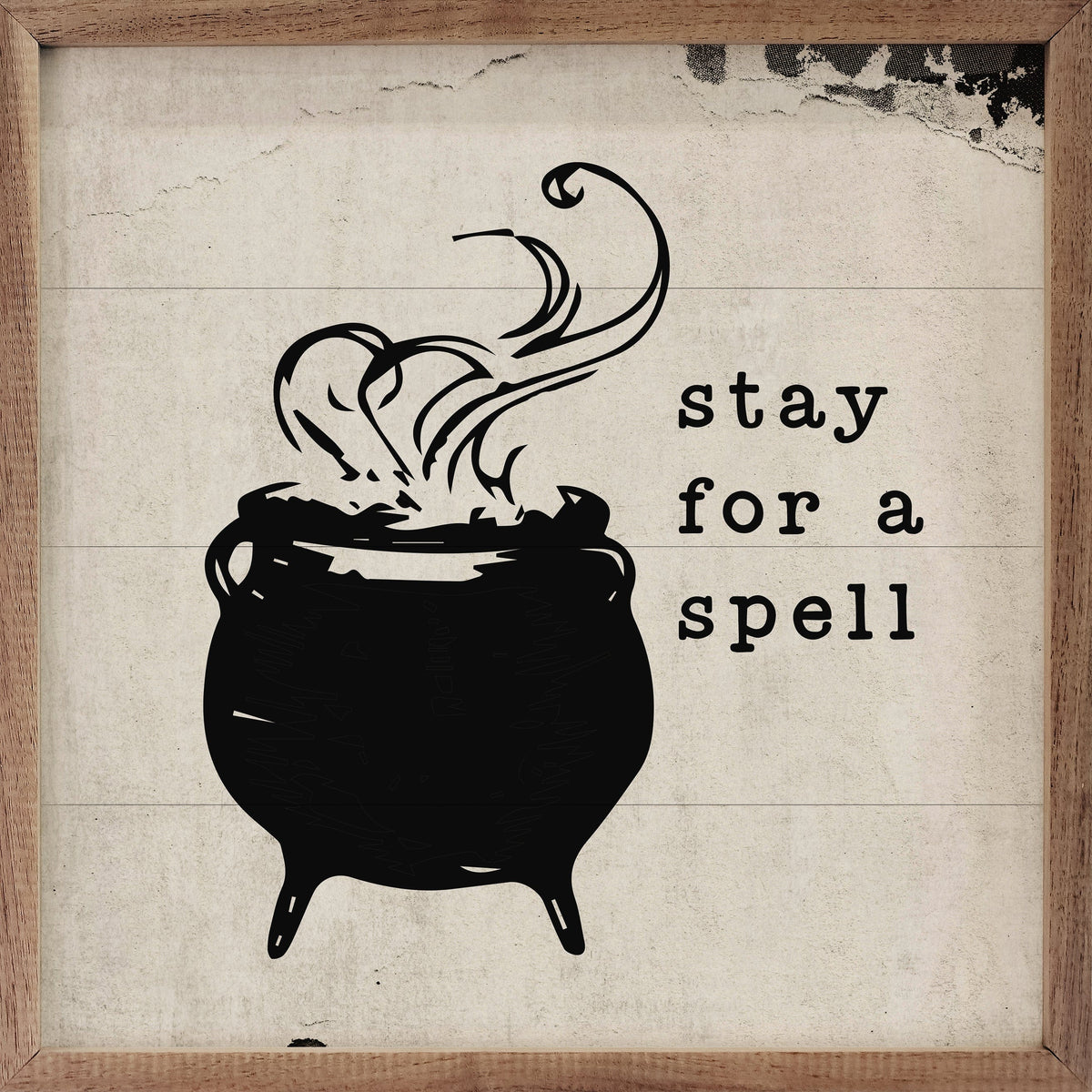 Kendrick Home Walnut Frames 4x4 Stay For A Spell Cauldron White Printed and Framed Wall Sign