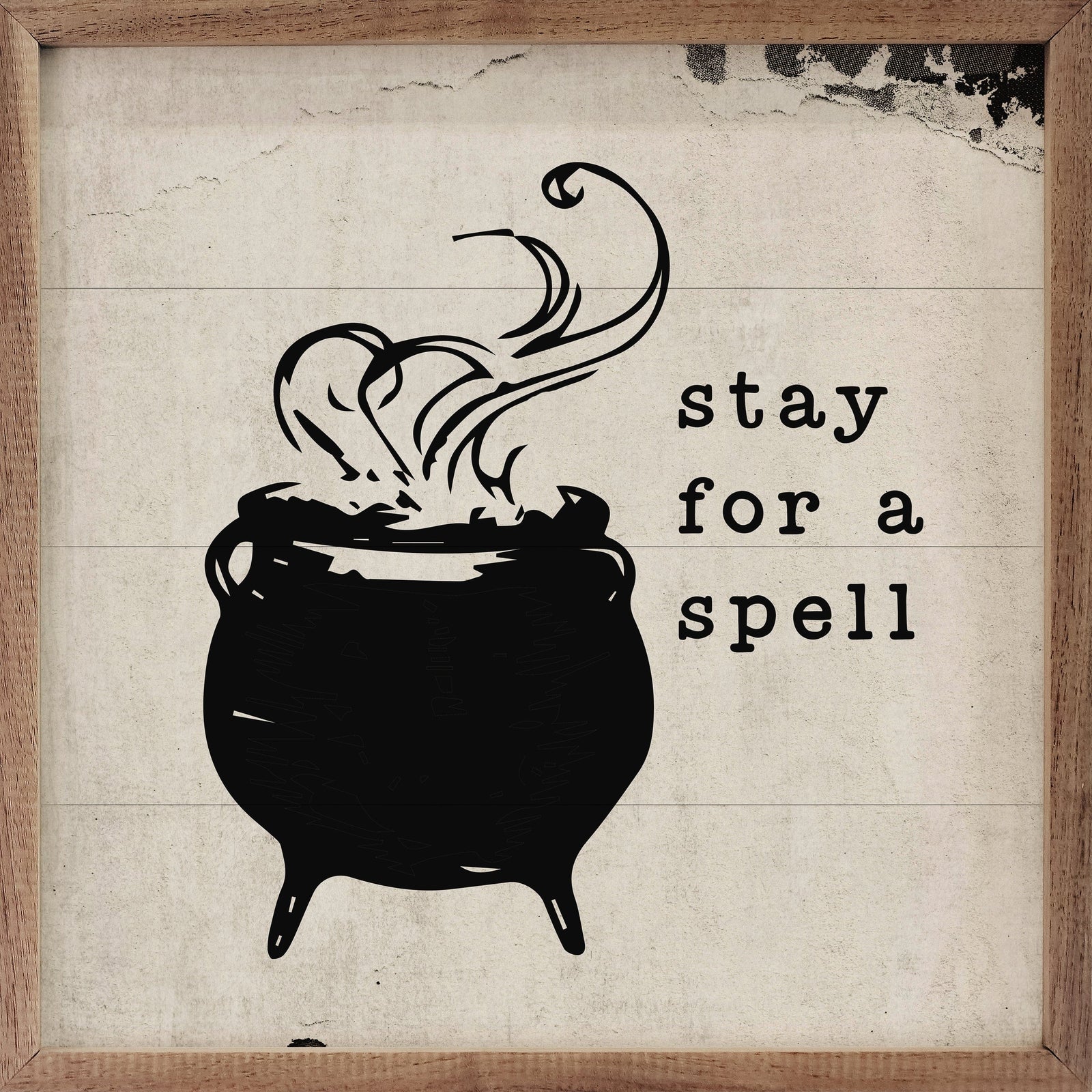 Kendrick Home Walnut Frames 4x4 Stay For A Spell Cauldron White Printed and Framed Wall Sign