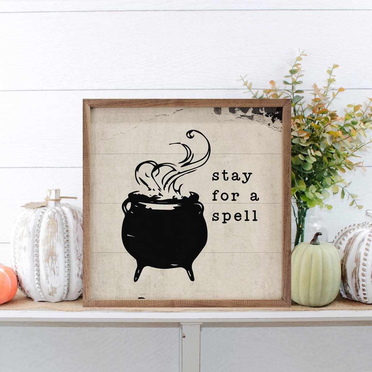 Kendrick Home Walnut Frames Stay For A Spell Cauldron White Printed and Framed Wall Sign