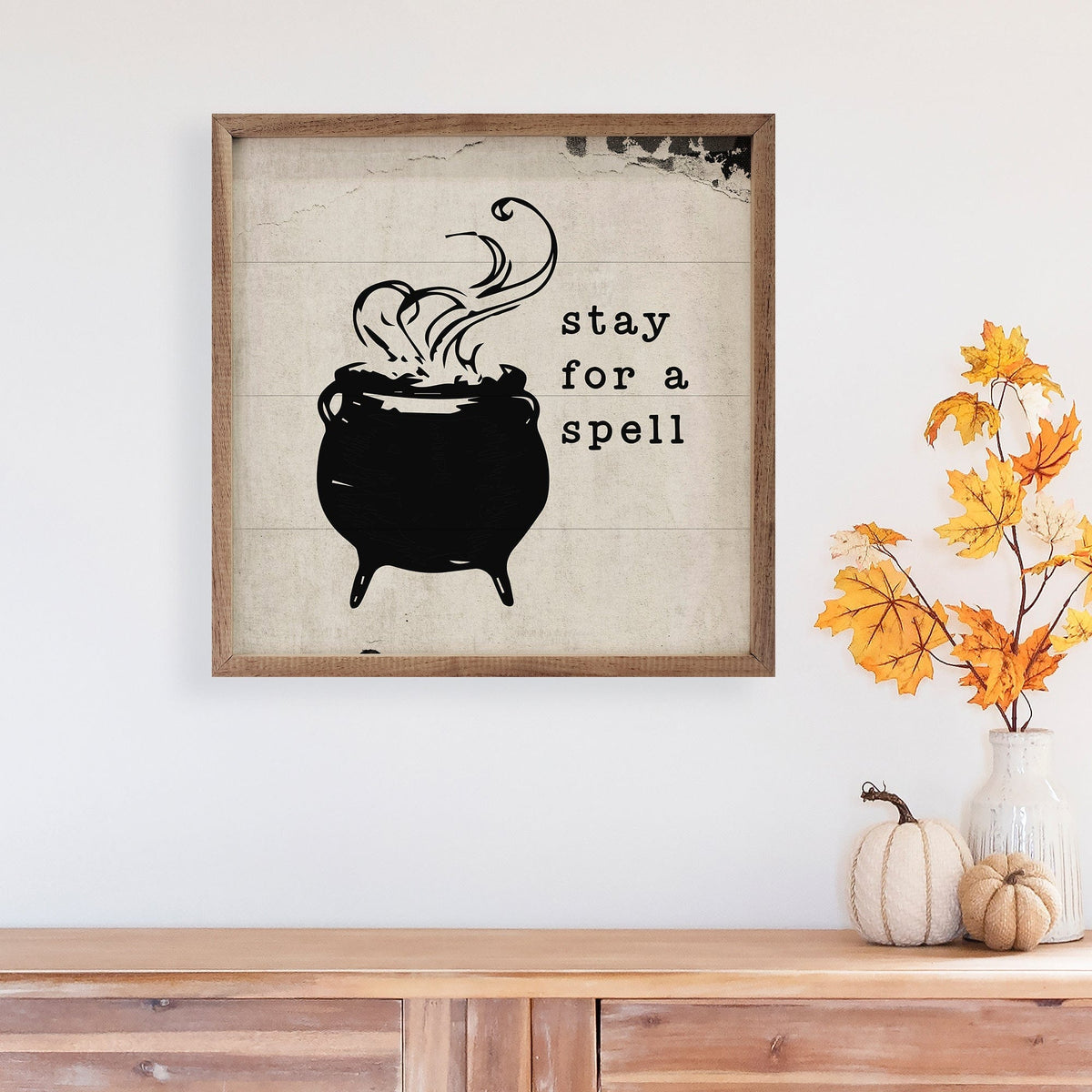 Kendrick Home Walnut Frames Stay For A Spell Cauldron White Printed and Framed Wall Sign
