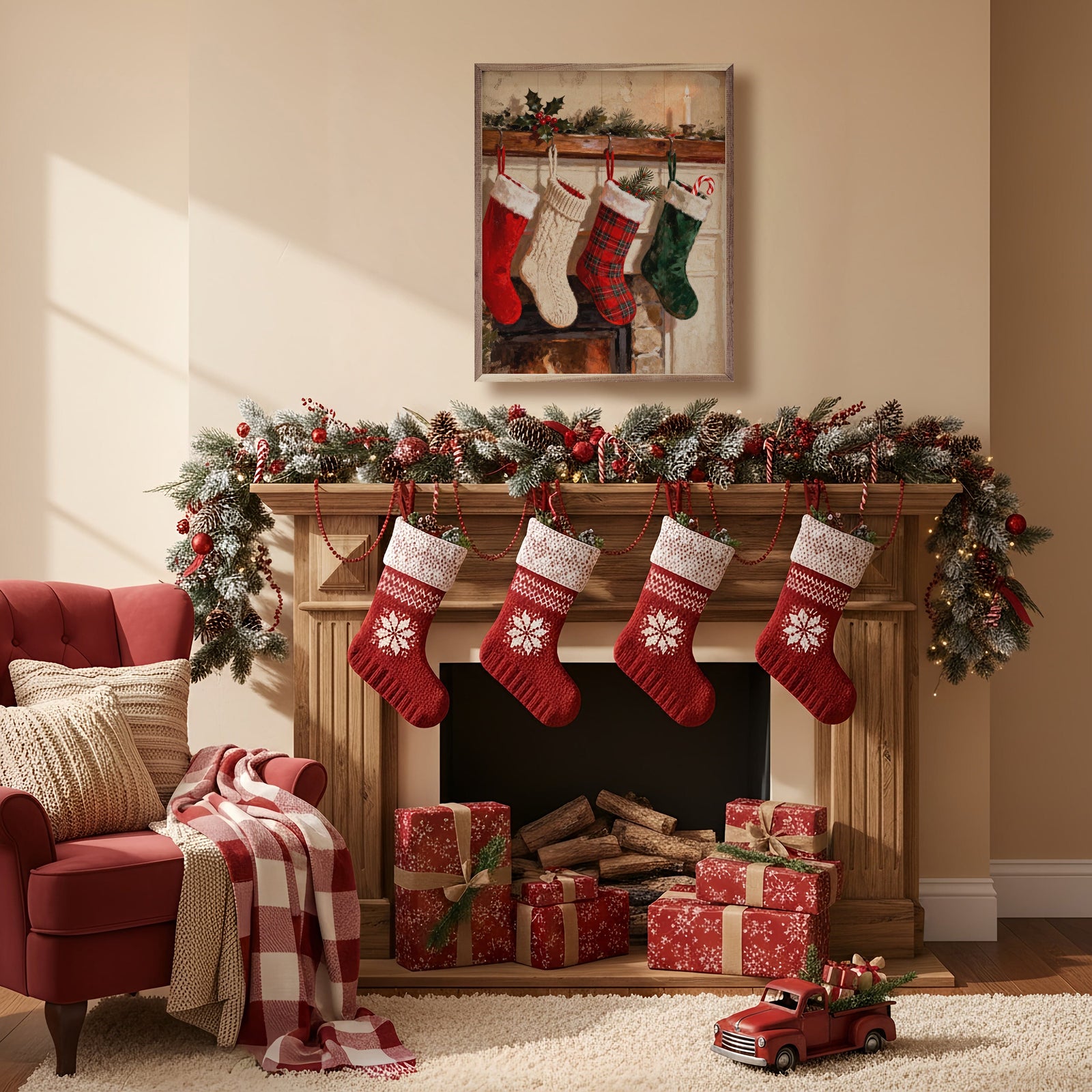 Kendrick Home Walnut Frames 8x10 Stockings Hung On Fireplace Printed and Framed Wall Sign