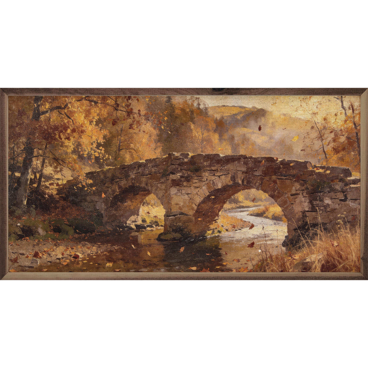 Kendrick Home Walnut Frames 16x8 Stone Bridge In Autumn Printed and Framed Wall Sign