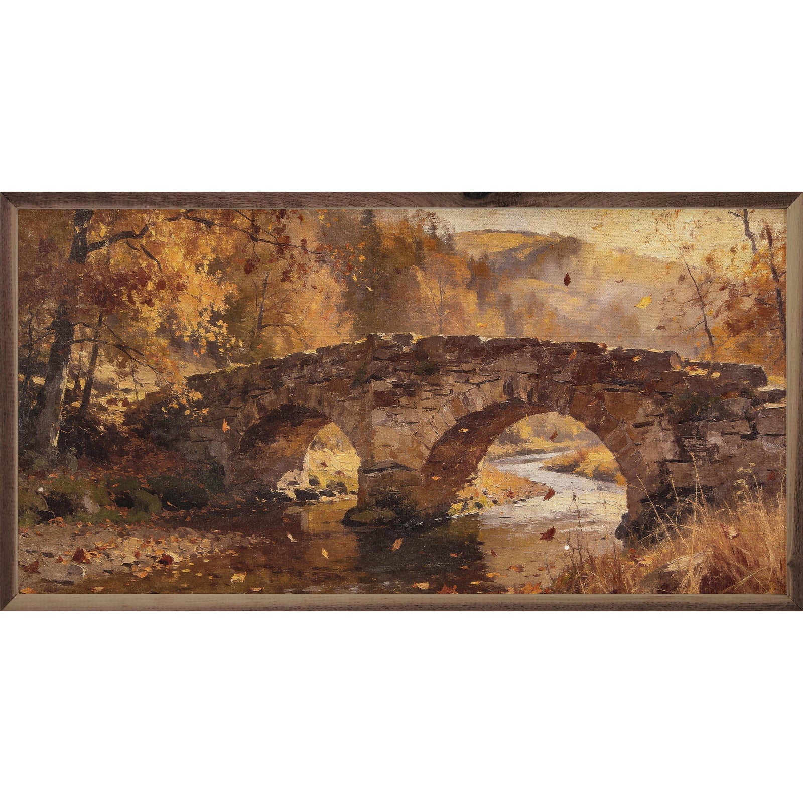 Kendrick Home Walnut Frames 16x8 Stone Bridge In Autumn Printed and Framed Wall Sign